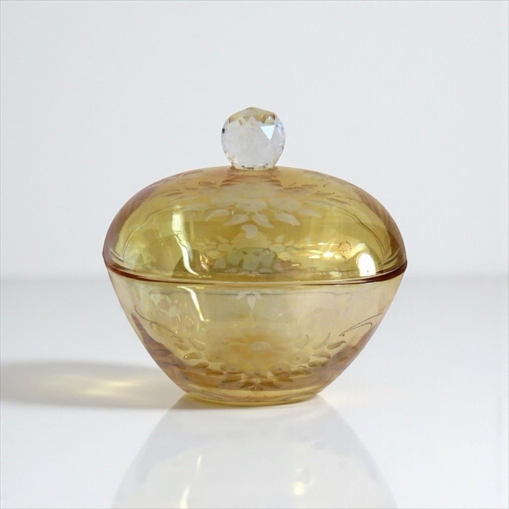 Vintage‎ Italy Handmade Italiani Amber Glass Lidded Floral Candy Dish  5.75" H